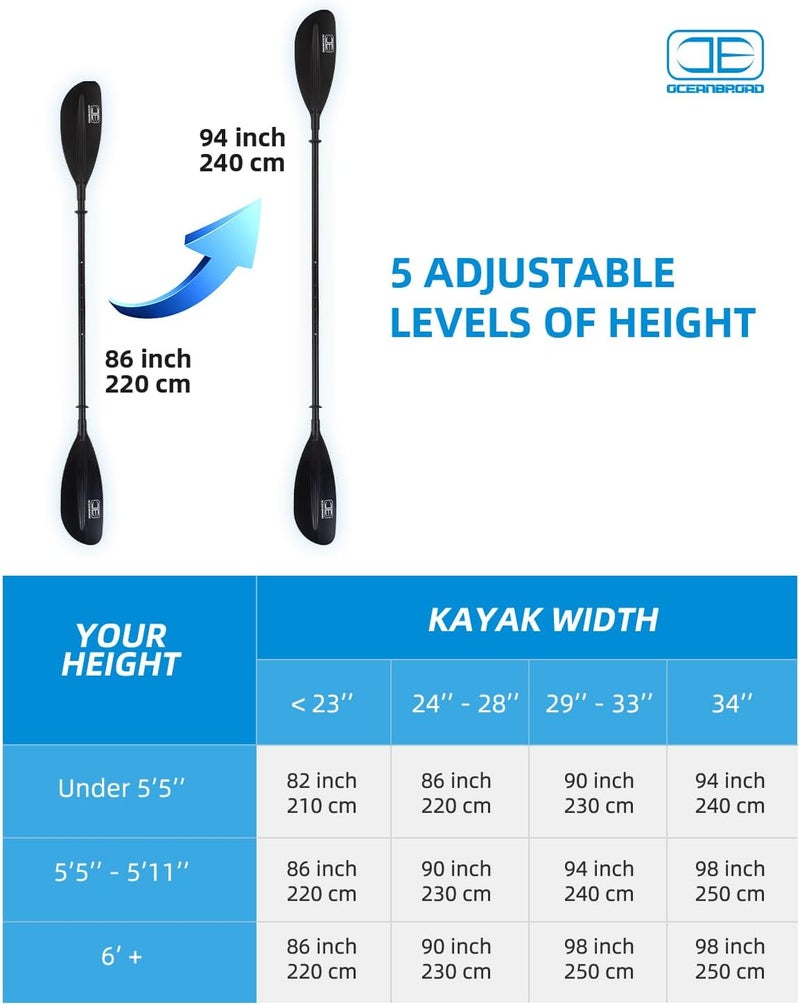 OCEANBROAD Adjustable Kayak Paddle 86in/220cm to 94in/240cm Kayaking Boating Canoeing Oar with Paddle Leash 1 Paddle - Image 3